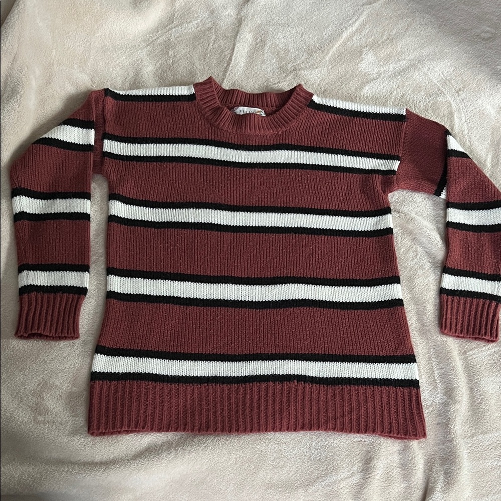 Pink Rose Maroon and White Striped Crew Neck Sweater